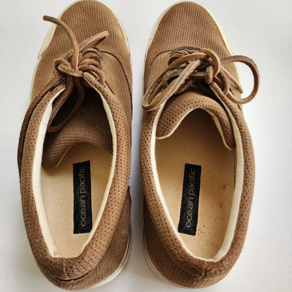 Ocean Pacific Mens Sneakers Perforated Leather Size 12 Almond Brown Skater Beach